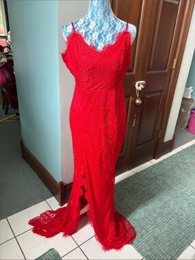 After 8 gowns  Red Lace Spaghetti Strap Evening Gown v-neck
Above knee slit NWOT